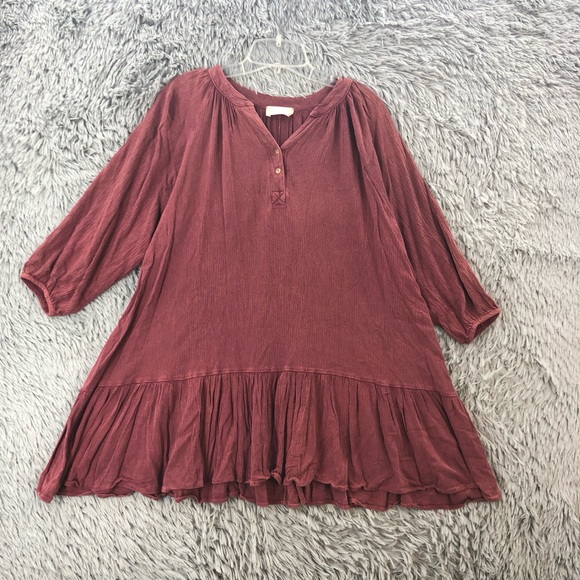 Altar'd State Dress Womens Medium Red Swing Ruffle Hem Gauzy Long Sleeve V Neck - Picture 1 of 8